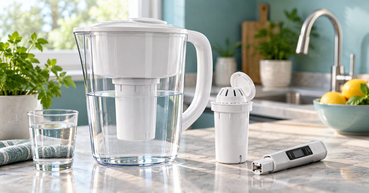 A water filter pitcher and a spare ion-exchange filter cartridge on a bright kitchen counter next to a handheld meter